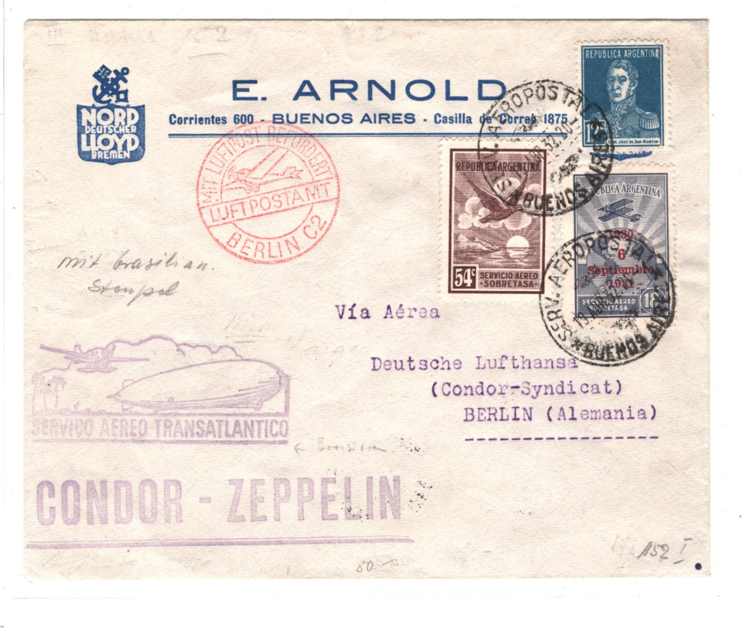GRAF ZEPPELIN Air ARGENTINA Cover *NORDDEUTSCHER LLOYD* 1932 GERMANY KZ455