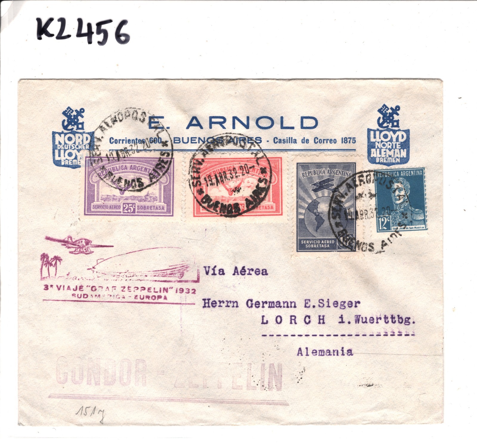GRAF ZEPPELIN Air ARGENTINA Cover *NORDDEUTSCHER LLOYD* 1932 GERMANY KZ456 - Image 4