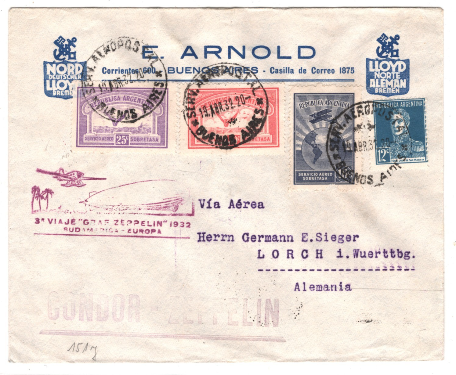 GRAF ZEPPELIN Air ARGENTINA Cover *NORDDEUTSCHER LLOYD* 1932 GERMANY KZ456