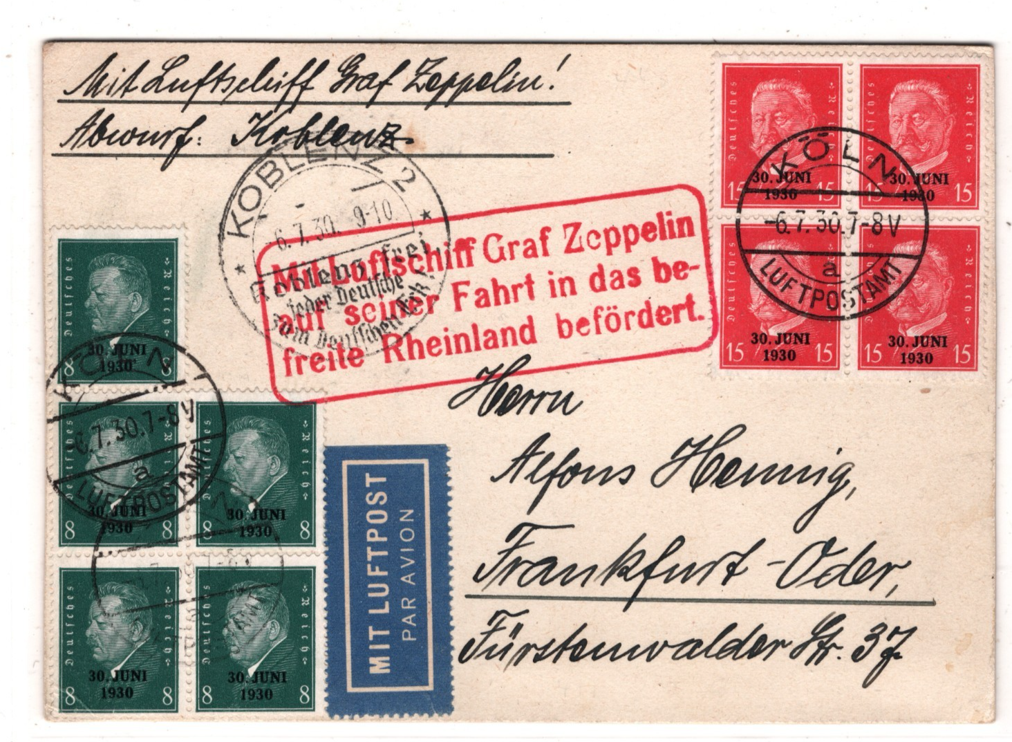 GRAF ZEPPELIN Air Card 1930 RHEINLAND Cachet *30 JUNI* O/p BLOCKS Köln KZ184 - Image 3