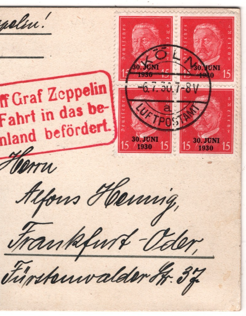 GRAF ZEPPELIN Air Card 1930 RHEINLAND Cachet *30 JUNI* O/p BLOCKS Köln KZ184 - Image 4