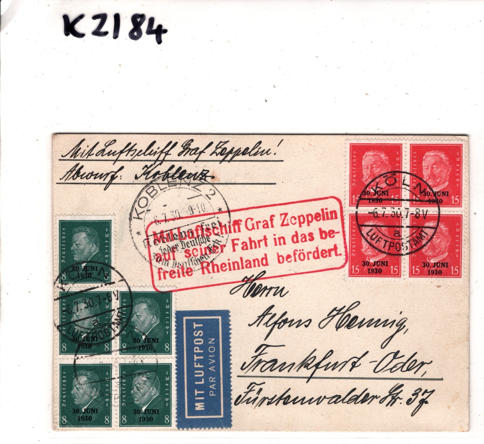 GRAF ZEPPELIN Air Card 1930 RHEINLAND Cachet *30 JUNI* O/p BLOCKS Köln KZ184 - Image 6