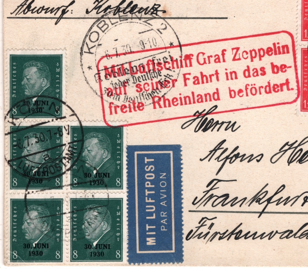 GRAF ZEPPELIN Air Card 1930 RHEINLAND Cachet *30 JUNI* O/p BLOCKS Köln KZ184