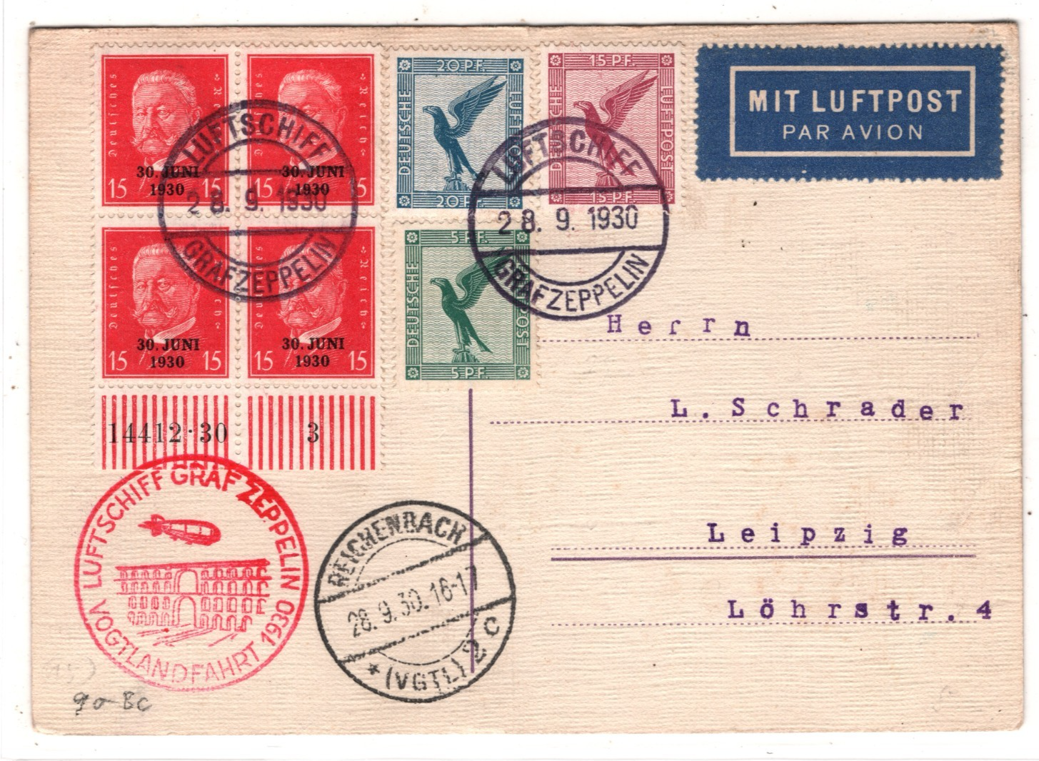 GRAF ZEPPELIN Air Card 1930 VOGTLANDFAHRT 15pf *30 JUNI* Block Germany KZ169 - Image 3