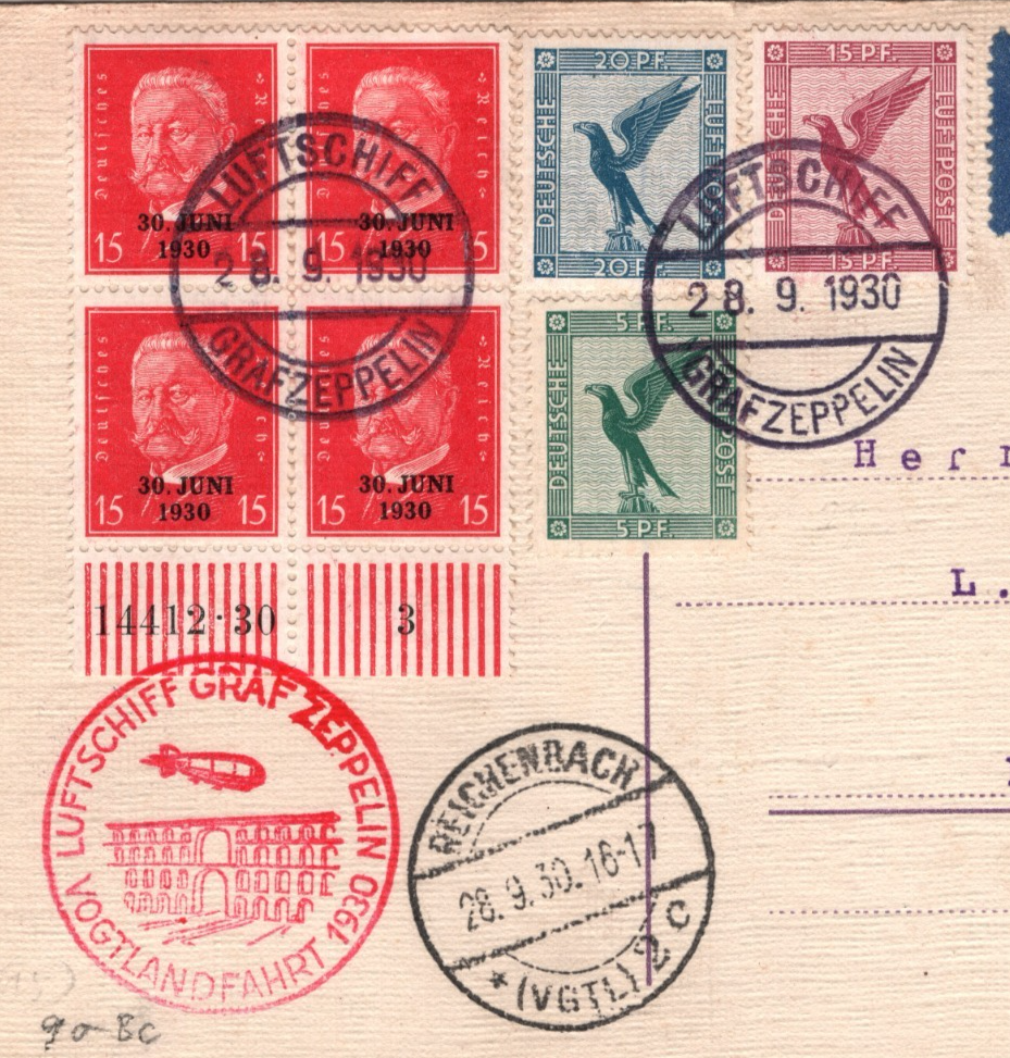 GRAF ZEPPELIN Air Card 1930 VOGTLANDFAHRT 15pf *30 JUNI* Block Germany KZ169 - Image 5