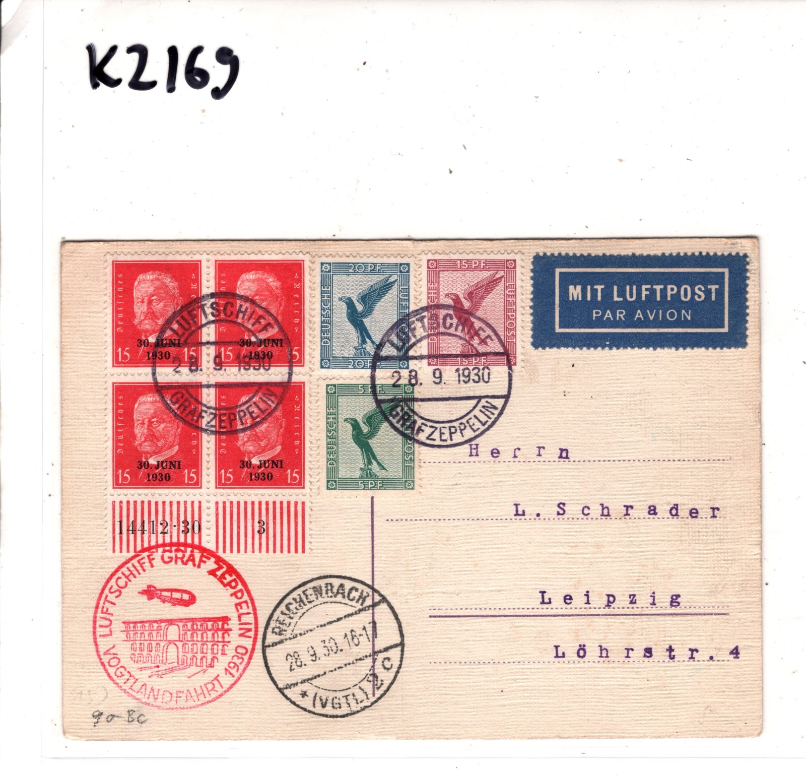 GRAF ZEPPELIN Air Card 1930 VOGTLANDFAHRT 15pf *30 JUNI* Block Germany KZ169 - Image 6