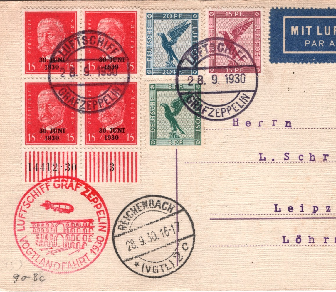 GRAF ZEPPELIN Air Card 1930 VOGTLANDFAHRT 15pf *30 JUNI* Block Germany KZ169