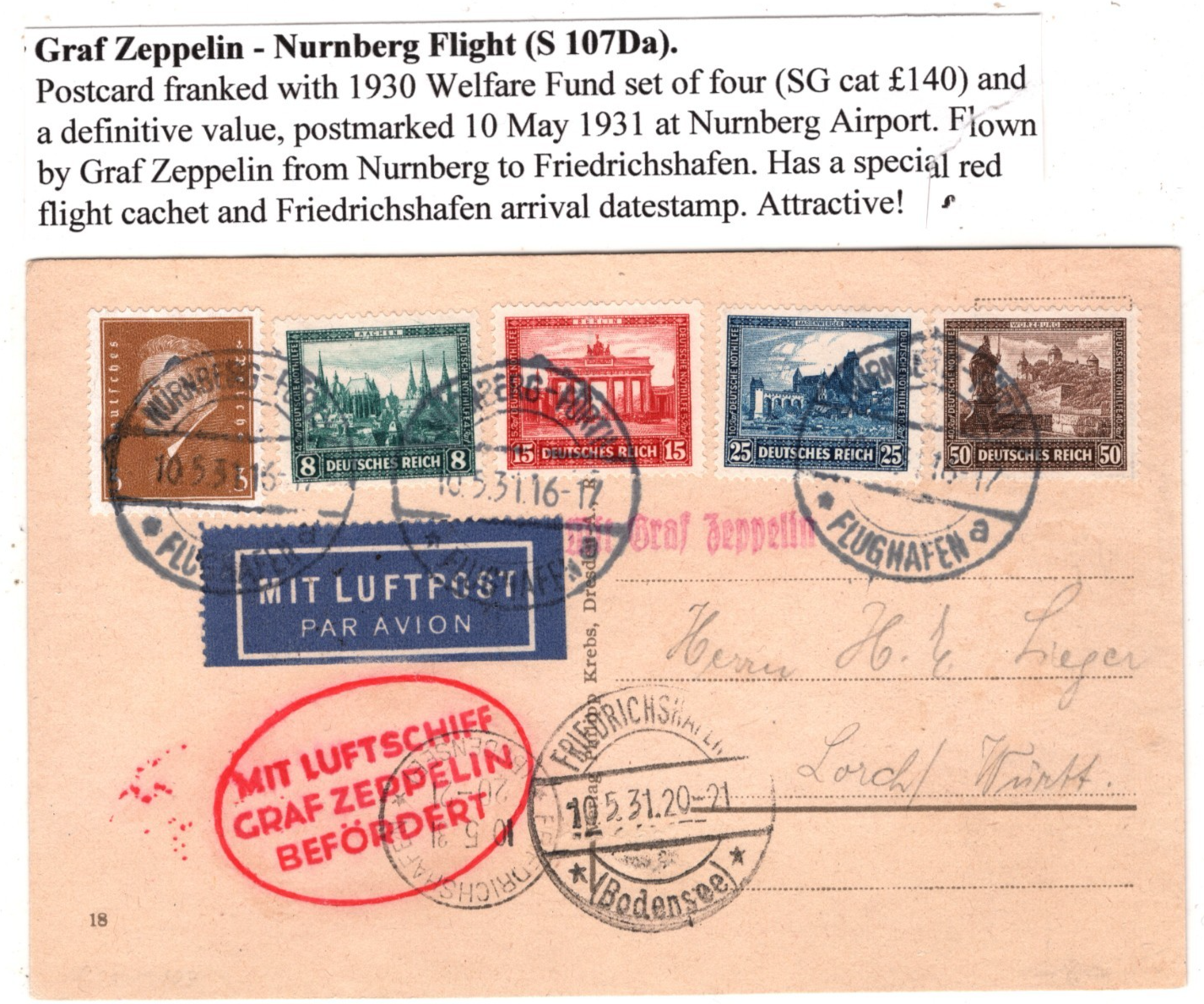GRAF ZEPPELIN Air Card 1931 Nurnberg *WELFARE FUND* Set (1930) Cat £140 KZ225 - Image 8