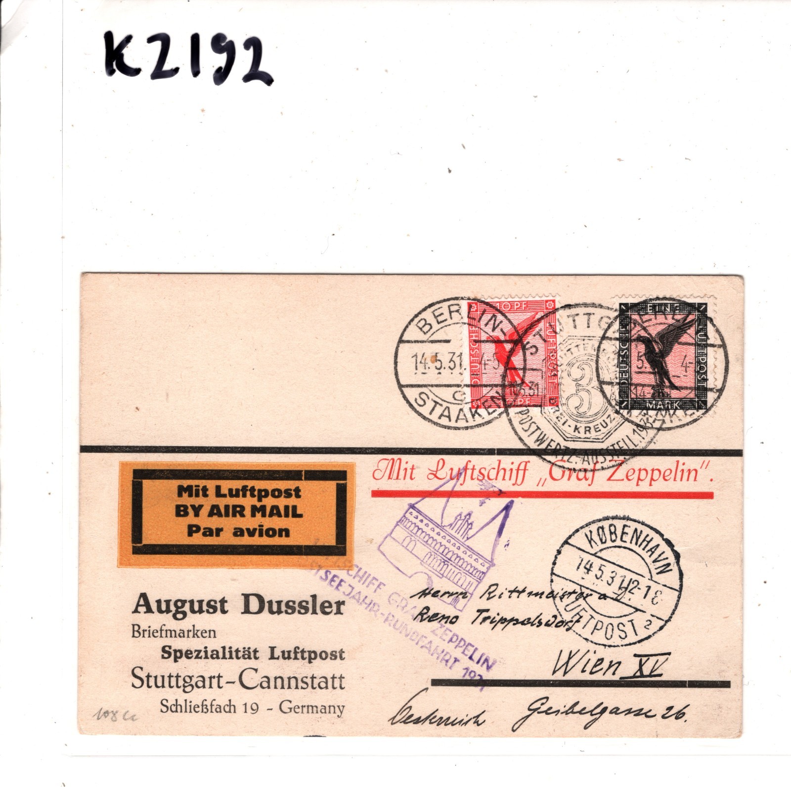 GRAF ZEPPELIN Air Card 1931 *OSTSEEJAHR-RUNDFAHRT* Stuttgart Special CDS KZ192 - Image 5