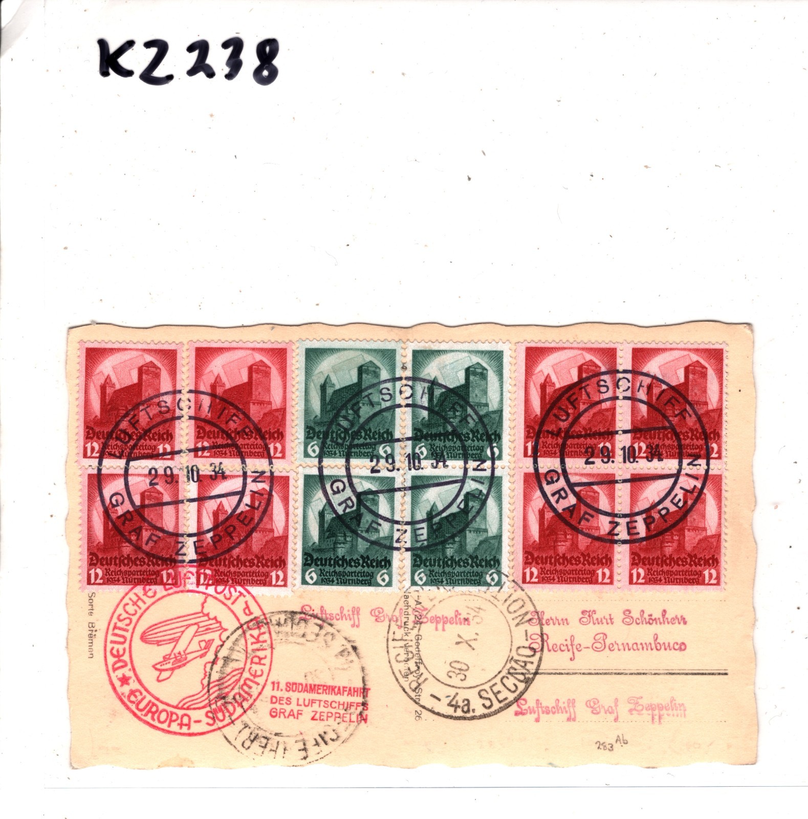 GRAF ZEPPELIN Air JUNKERS Card 1934 *11.SUDAMERIKAFAHRT* Germany Blocks KZ238 - Image 7