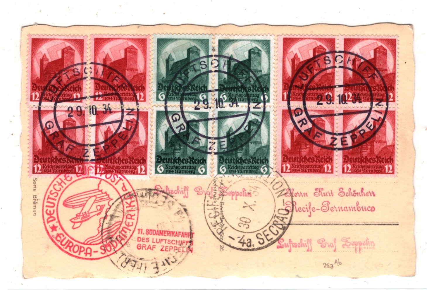 GRAF ZEPPELIN Air JUNKERS Card 1934 *11.SUDAMERIKAFAHRT* Germany Blocks KZ238