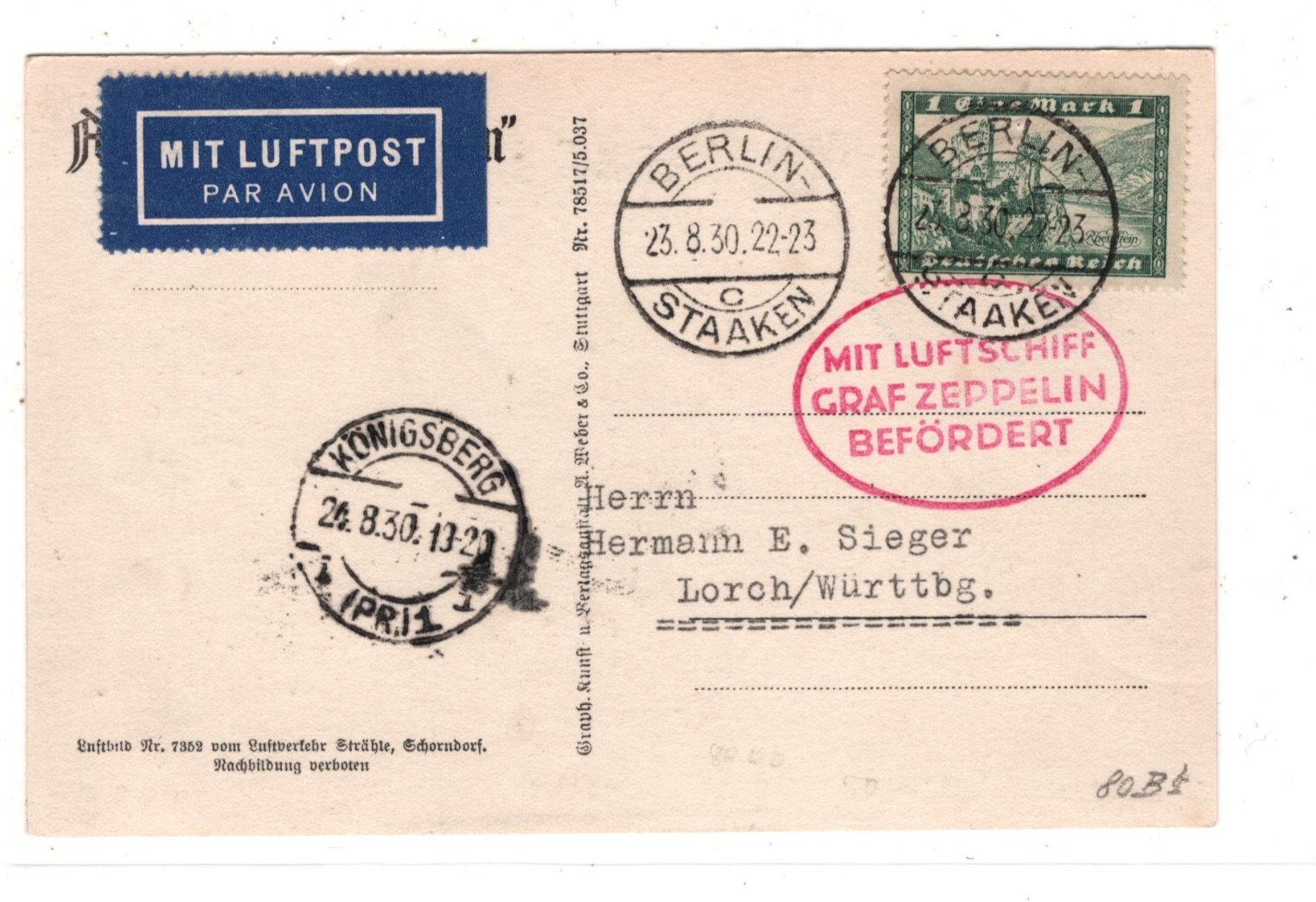 GRAF ZEPPELIN Air Mail 1m Card 1930 Berlin Königsberg East Prussia Germany KZ113 - Image 3
