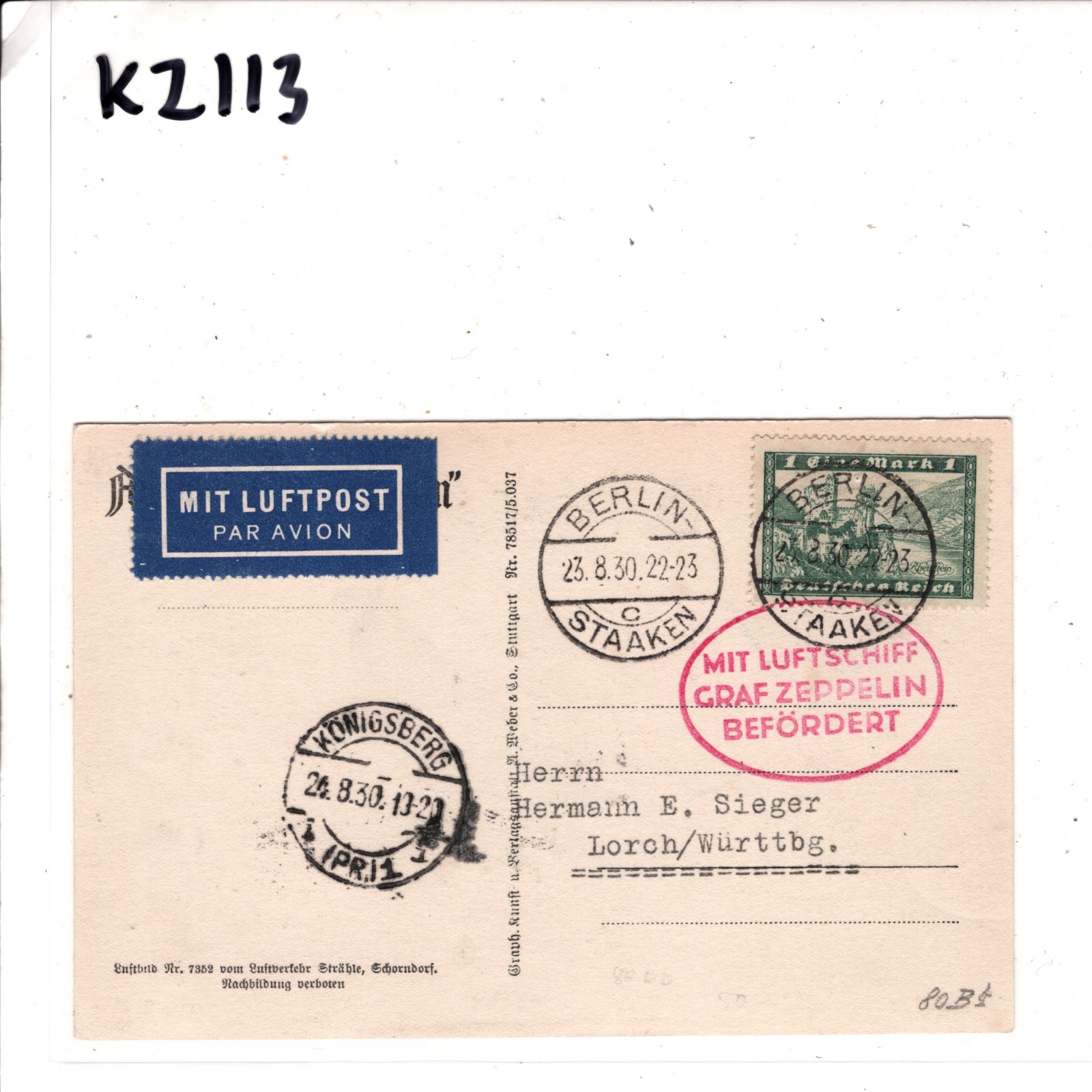 GRAF ZEPPELIN Air Mail 1m Card 1930 Berlin Königsberg East Prussia Germany KZ113 - Image 5