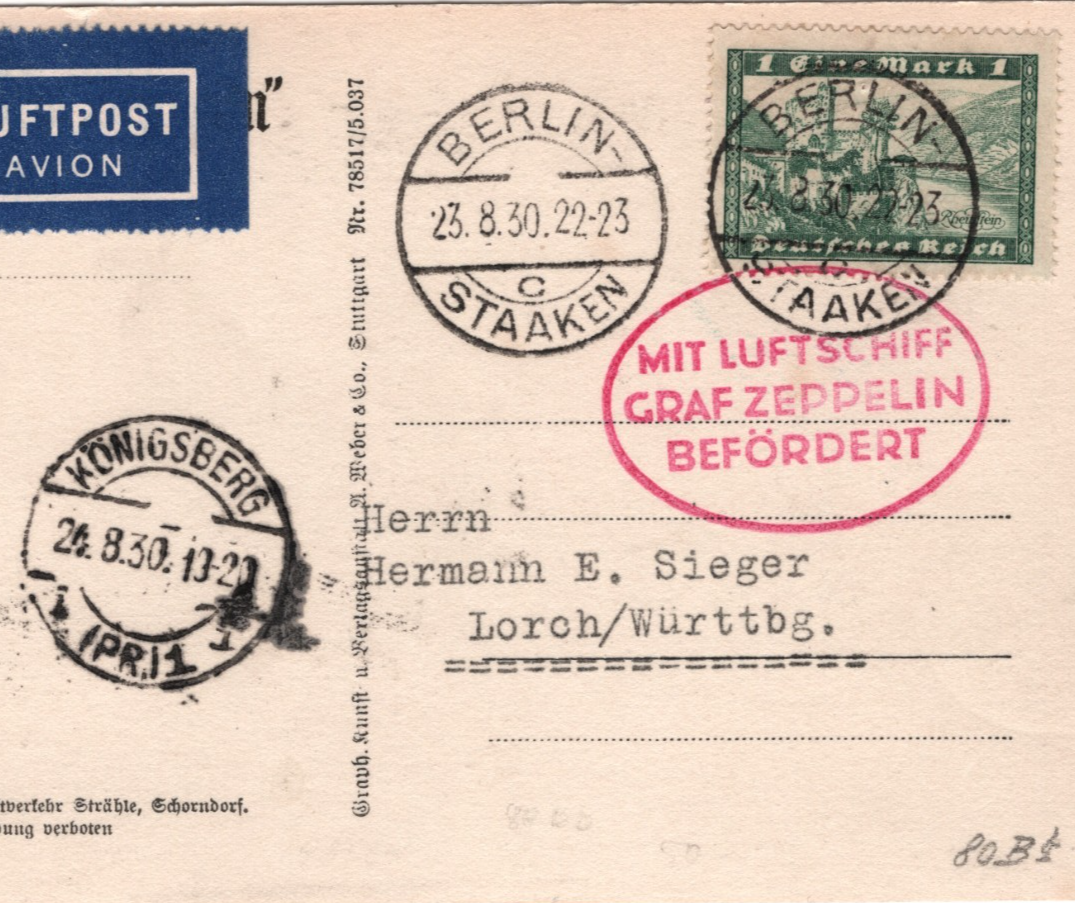 GRAF ZEPPELIN Air Mail 1m Card 1930 Berlin Königsberg East Prussia Germany KZ113