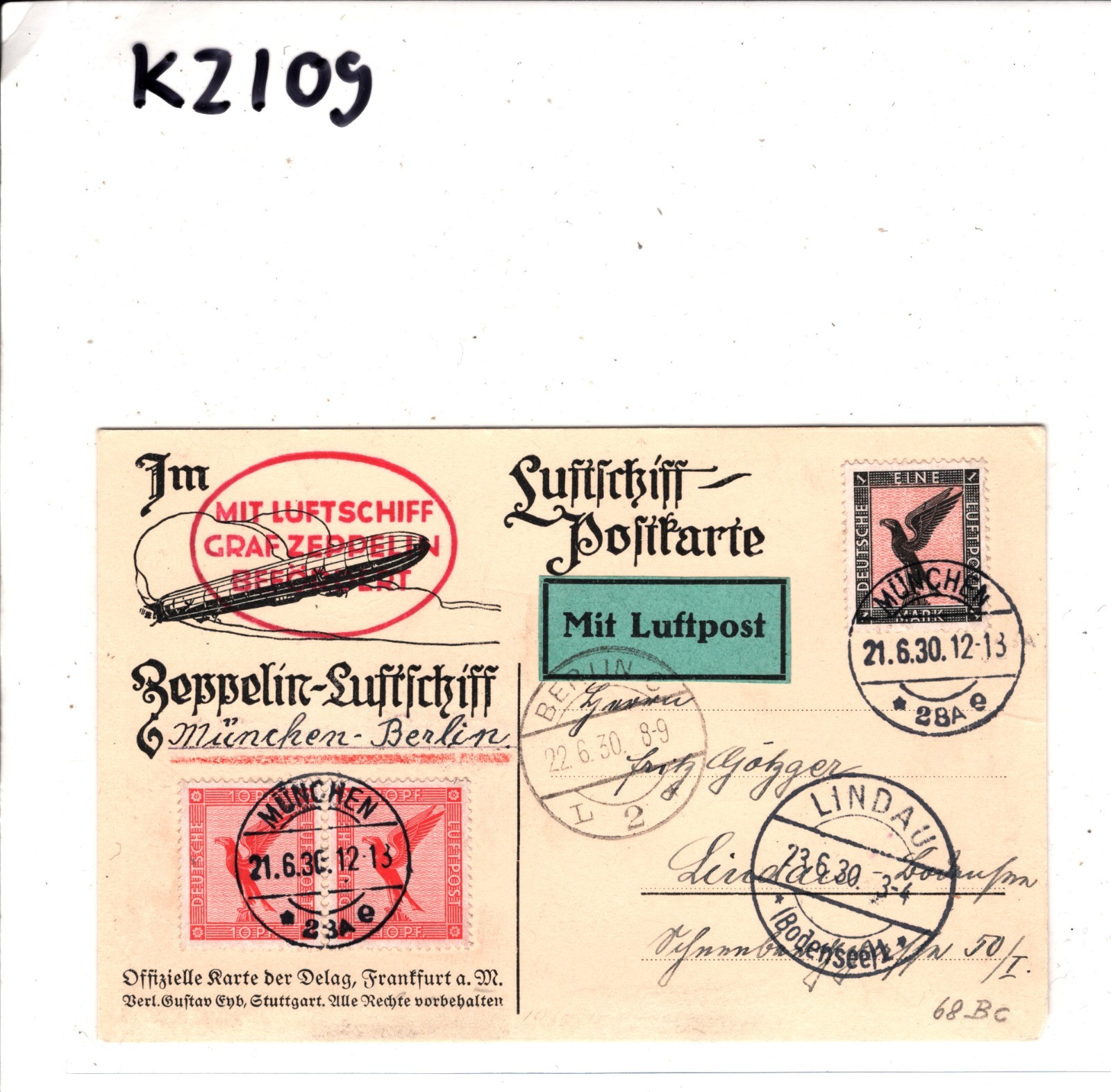GRAF ZEPPELIN Air Mail 1m Card 1930 Munich CDS Lindau Berlin Germany PPC KZ109 - Image 6