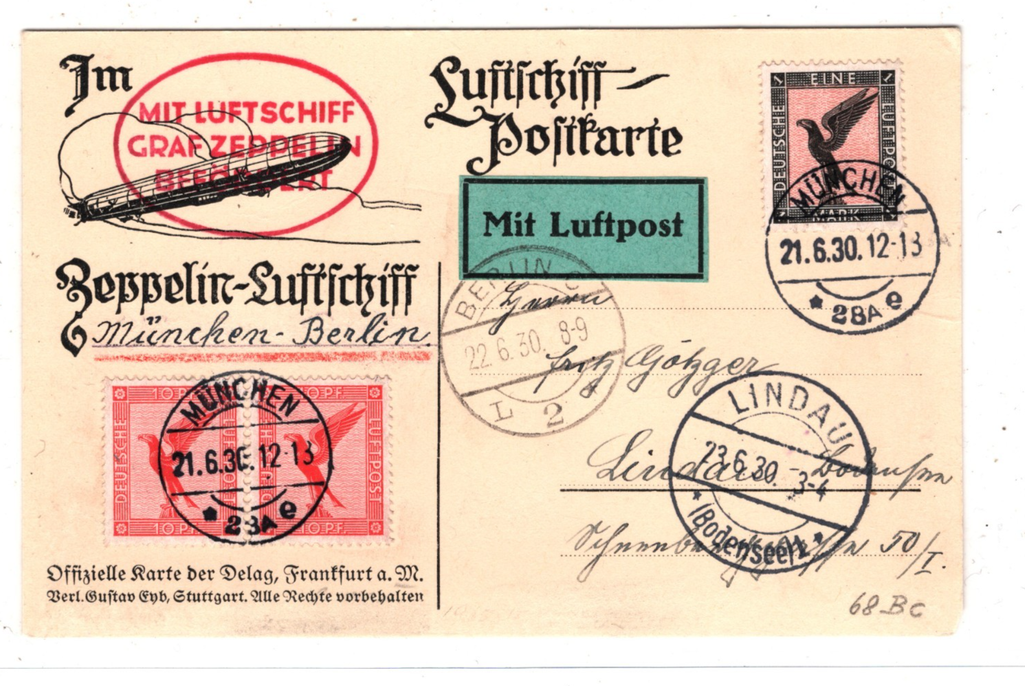 GRAF ZEPPELIN Air Mail 1m Card 1930 Munich CDS Lindau Berlin Germany PPC KZ109