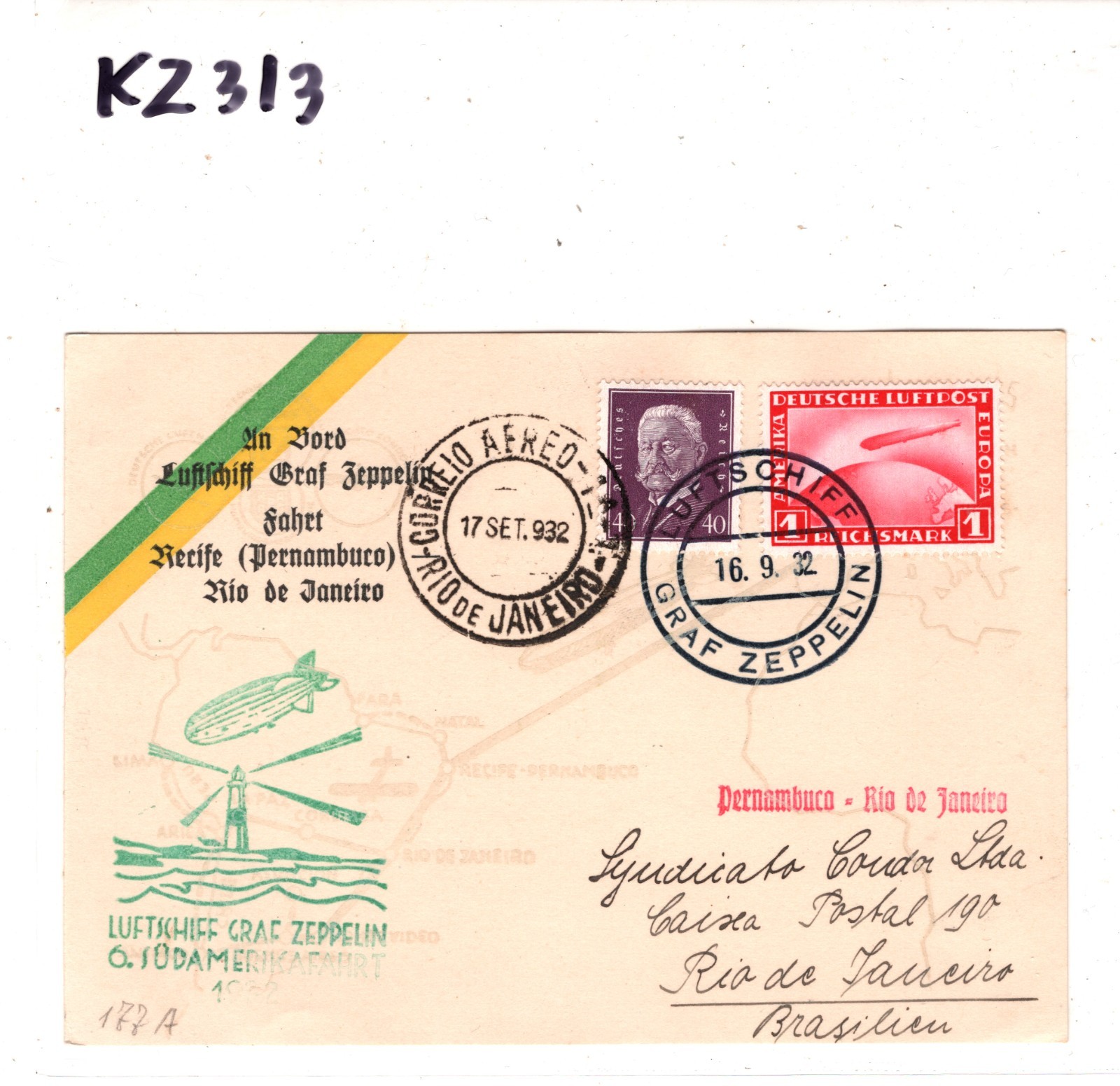 GRAF ZEPPELIN Air Mail 1m Card 1932 *6. SÜDAMERIKAFAHRT* BRAZIL Rio KZ313 - Image 5