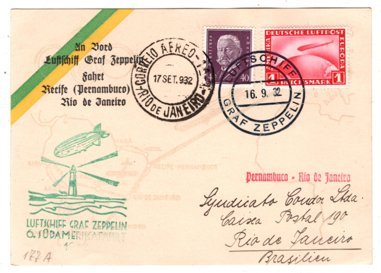 GRAF ZEPPELIN Air Mail 1m Card 1932 *6. SÜDAMERIKAFAHRT* BRAZIL Rio KZ313