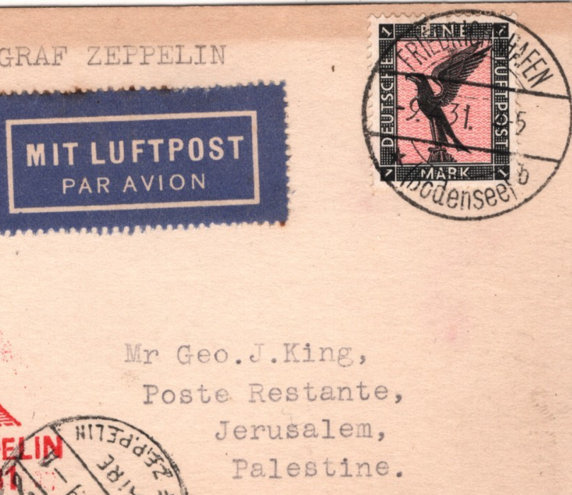 GRAF ZEPPELIN Air Mail 1m Card ÄGYPTENFAHRT 1931 PALESTINE/EGYPT Jerusalem KZ601 - Image 3
