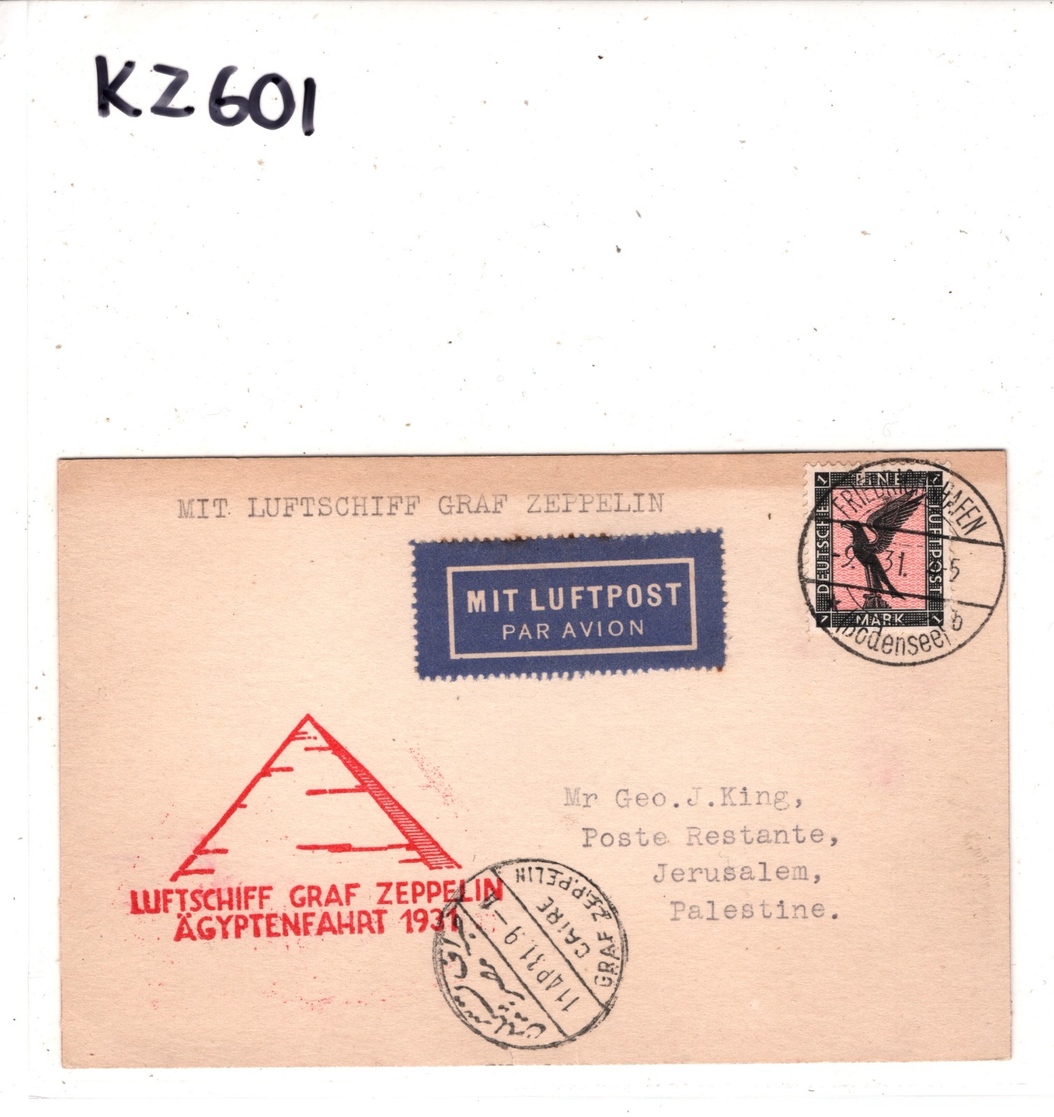 GRAF ZEPPELIN Air Mail 1m Card ÄGYPTENFAHRT 1931 PALESTINE/EGYPT Jerusalem KZ601 - Image 6