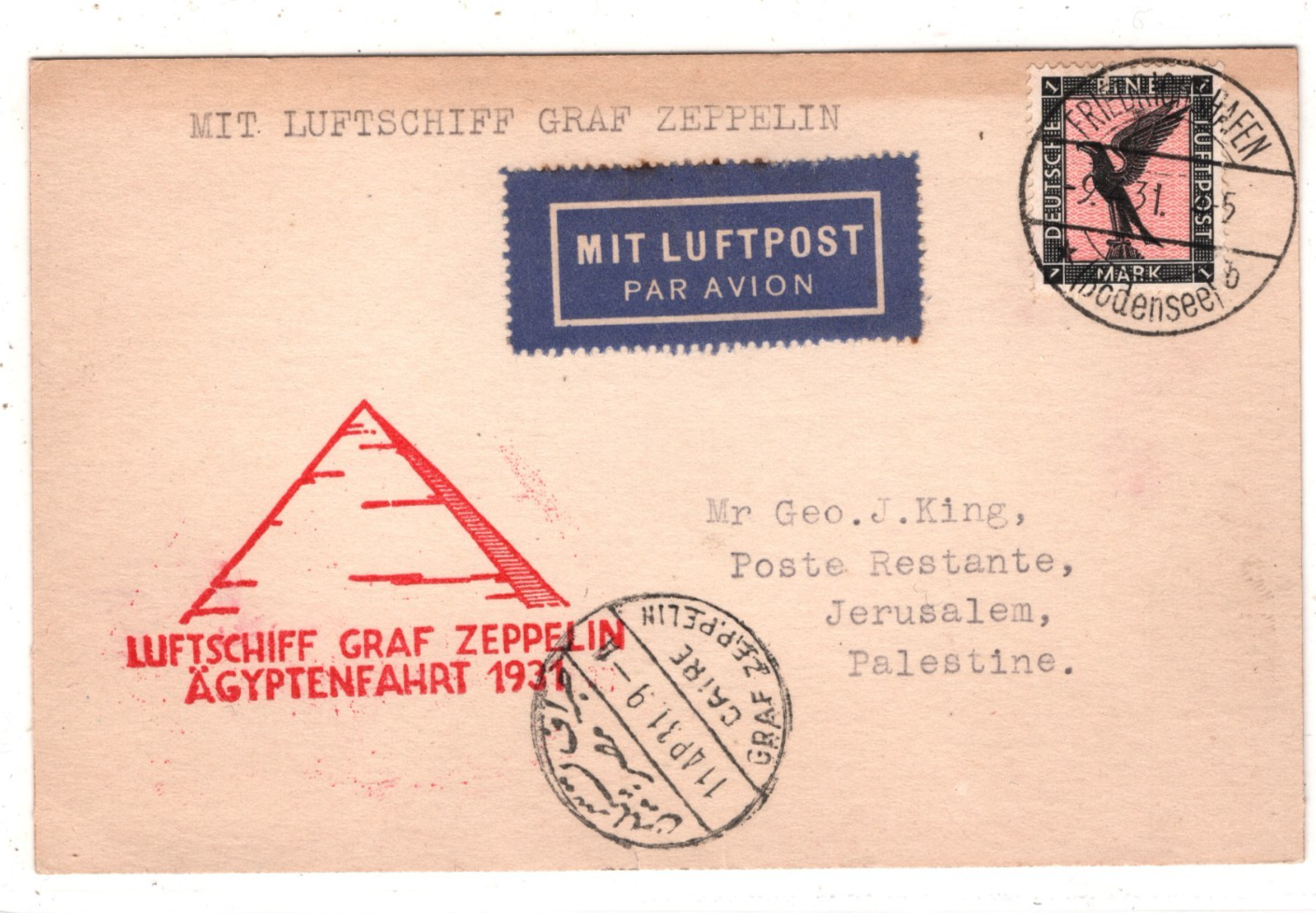 GRAF ZEPPELIN Air Mail 1m Card ÄGYPTENFAHRT 1931 PALESTINE/EGYPT Jerusalem KZ601