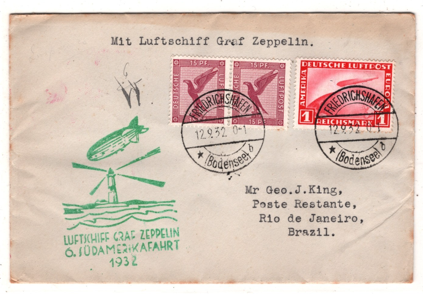 GRAF ZEPPELIN Air Mail 1m Cover 6. SÜDAMERIKAFAHRT 1932 BRAZIL Rio Germany KZ604 - Image 3