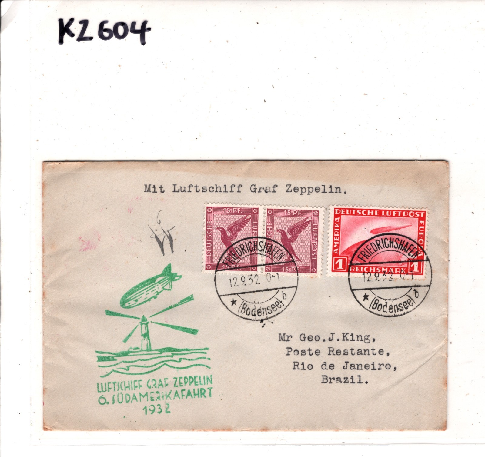 GRAF ZEPPELIN Air Mail 1m Cover 6. SÜDAMERIKAFAHRT 1932 BRAZIL Rio Germany KZ604 - Image 8