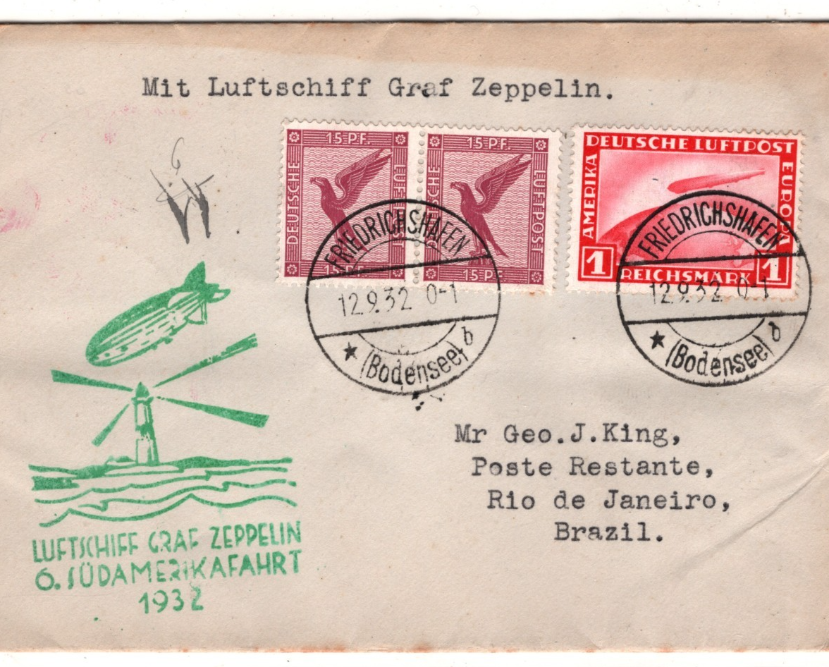 GRAF ZEPPELIN Air Mail 1m Cover 6. SÜDAMERIKAFAHRT 1932 BRAZIL Rio Germany KZ604