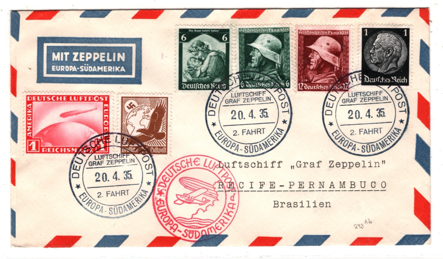 GRAF ZEPPELIN Air Mail 1m Cover SÜDAMERIKA *2 FAHRT* BRAZIL 1935 Germany KZ327 - Image 2