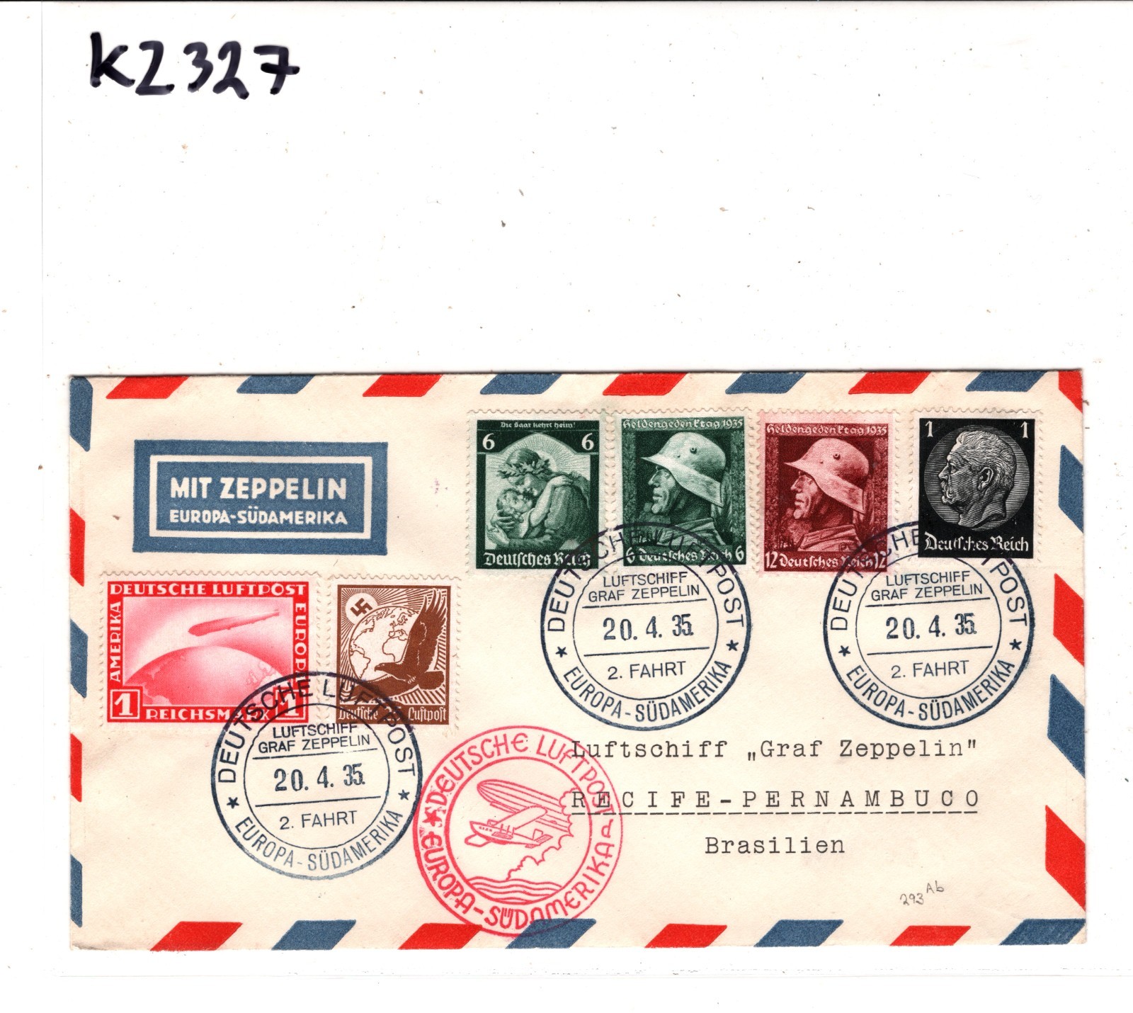 GRAF ZEPPELIN Air Mail 1m Cover SÜDAMERIKA *2 FAHRT* BRAZIL 1935 Germany KZ327 - Image 5