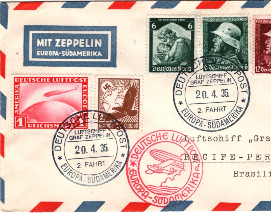 GRAF ZEPPELIN Air Mail 1m Cover SÜDAMERIKA *2 FAHRT* BRAZIL 1935 Germany KZ327