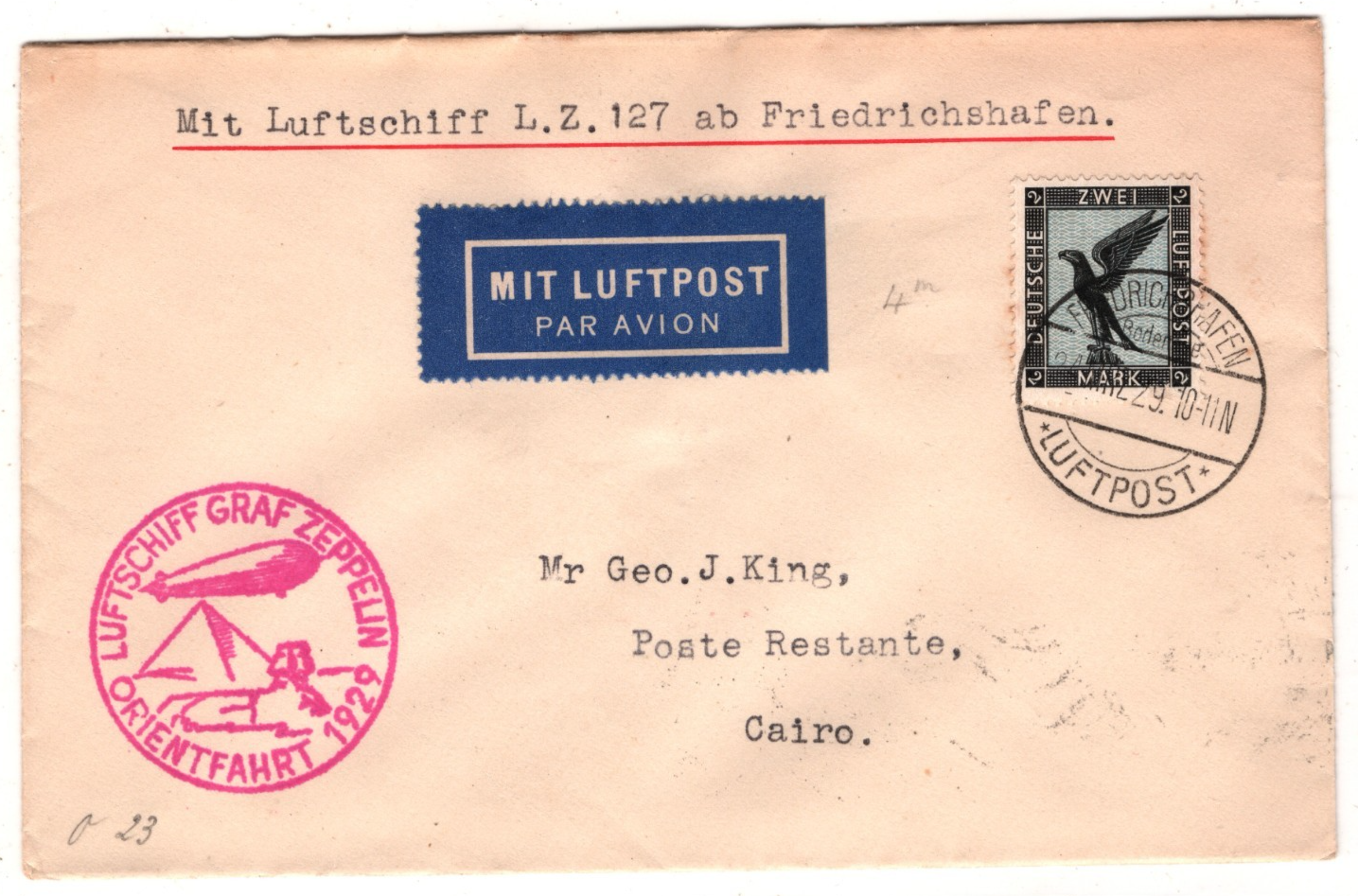 GRAF ZEPPELIN Air Mail 2m Cover 1929 ORIENTFAHRT *EGYPT* Cairo Germany KZ546 - Image 4