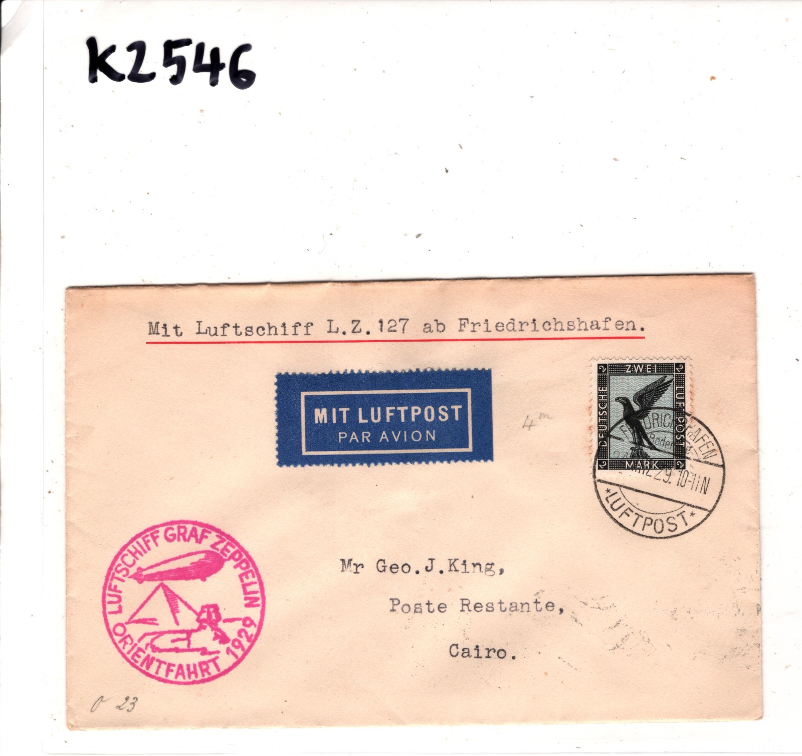 GRAF ZEPPELIN Air Mail 2m Cover 1929 ORIENTFAHRT *EGYPT* Cairo Germany KZ546 - Image 9