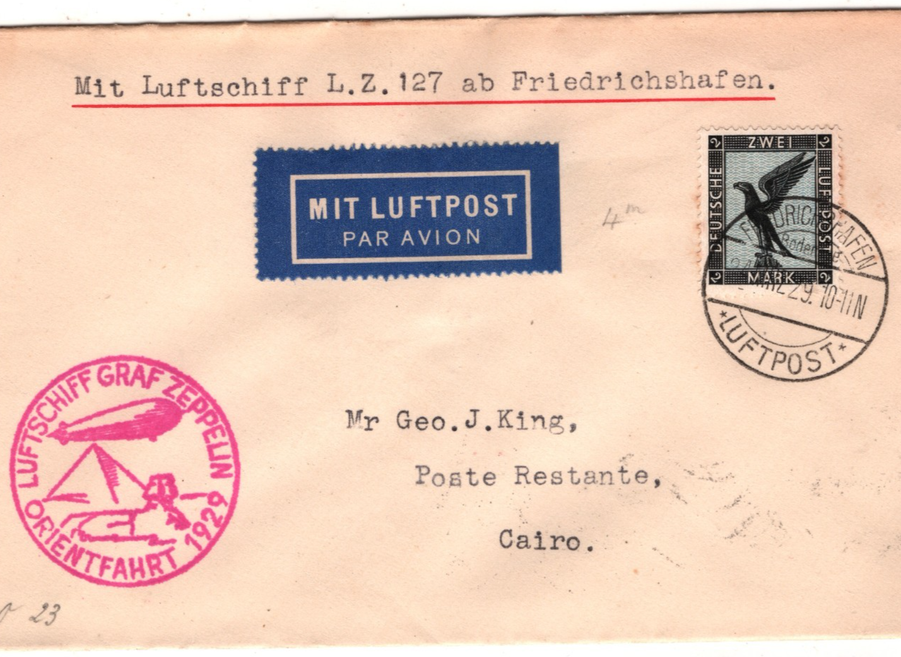 GRAF ZEPPELIN Air Mail 2m Cover 1929 ORIENTFAHRT *EGYPT* Cairo Germany KZ546