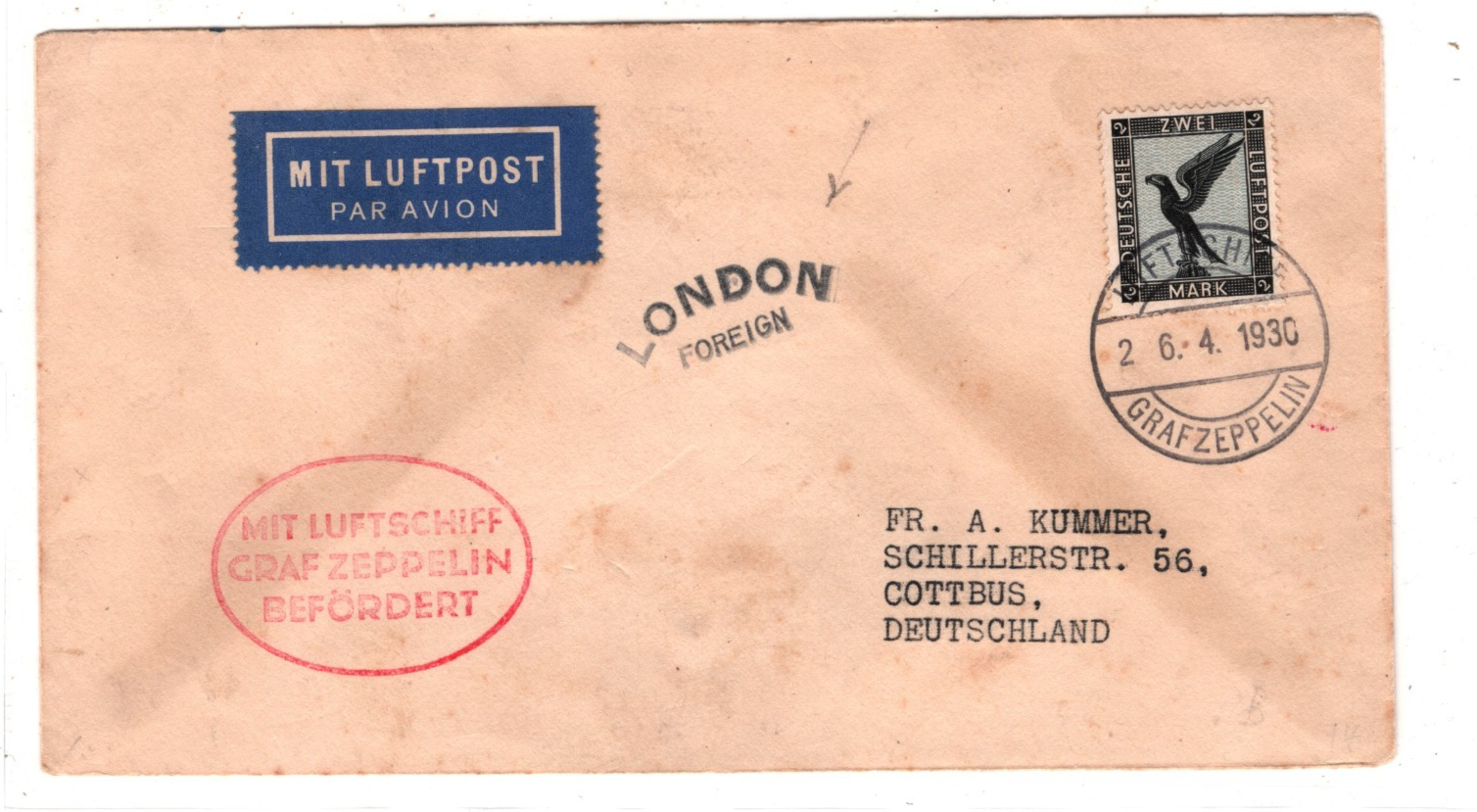 GRAF ZEPPELIN Air Mail 2m Cover 1930 GB *LONDON FOREIGN* Cachet Germany KZ210 - Image 3
