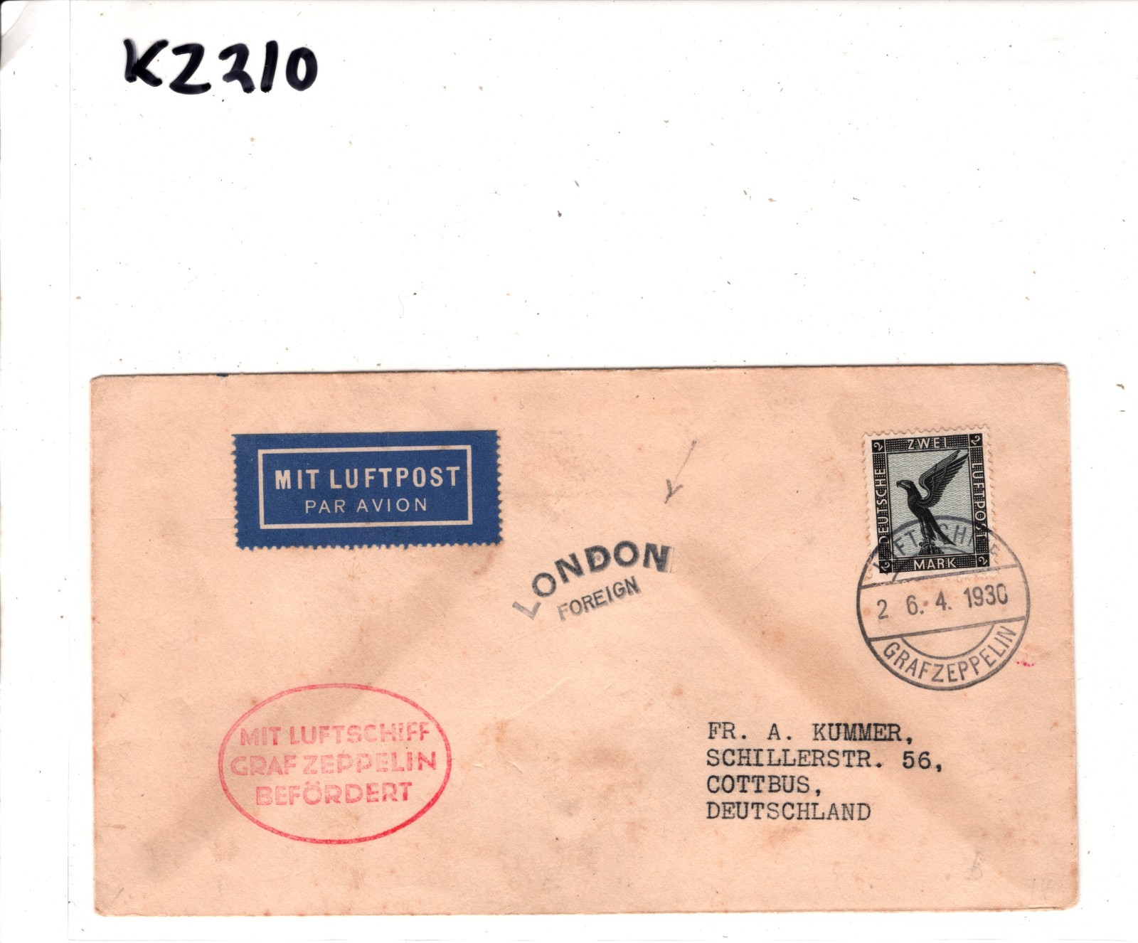 GRAF ZEPPELIN Air Mail 2m Cover 1930 GB *LONDON FOREIGN* Cachet Germany KZ210 - Image 7