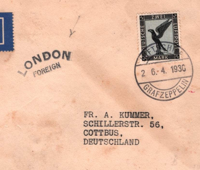 GRAF ZEPPELIN Air Mail 2m Cover 1930 GB *LONDON FOREIGN* Cachet Germany KZ210