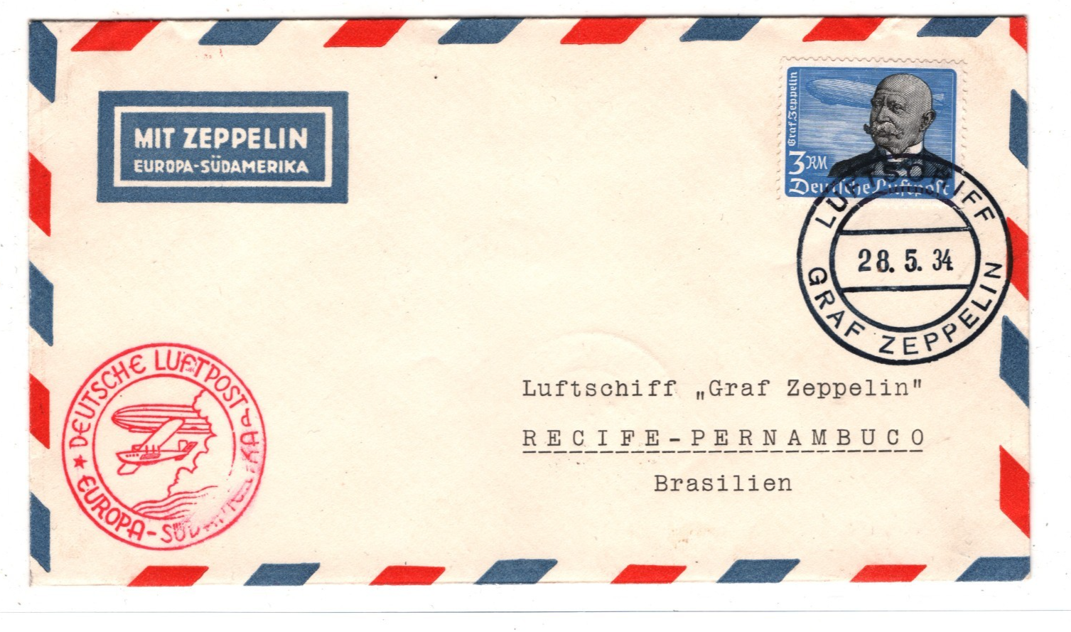 GRAF ZEPPELIN Air Mail 3m *AN BORD* CDS Cover 1934 BRAZIL Recife Germany KZ243 - Image 4