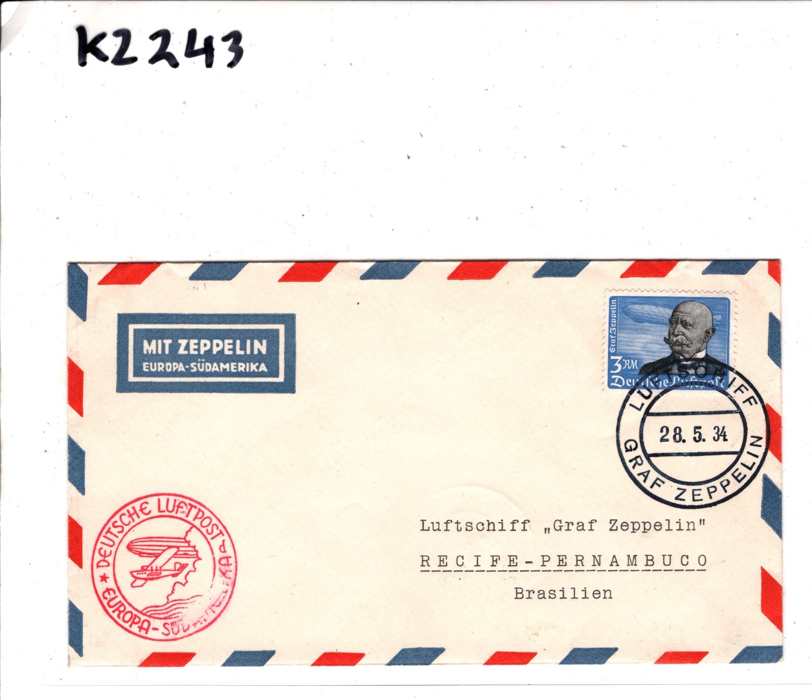 GRAF ZEPPELIN Air Mail 3m *AN BORD* CDS Cover 1934 BRAZIL Recife Germany KZ243 - Image 8
