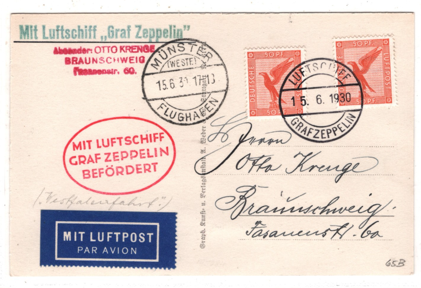 GRAF ZEPPELIN Air Mail AN BORD Card 1930 Braunschweig Münster Germany KZ182 - Image 4