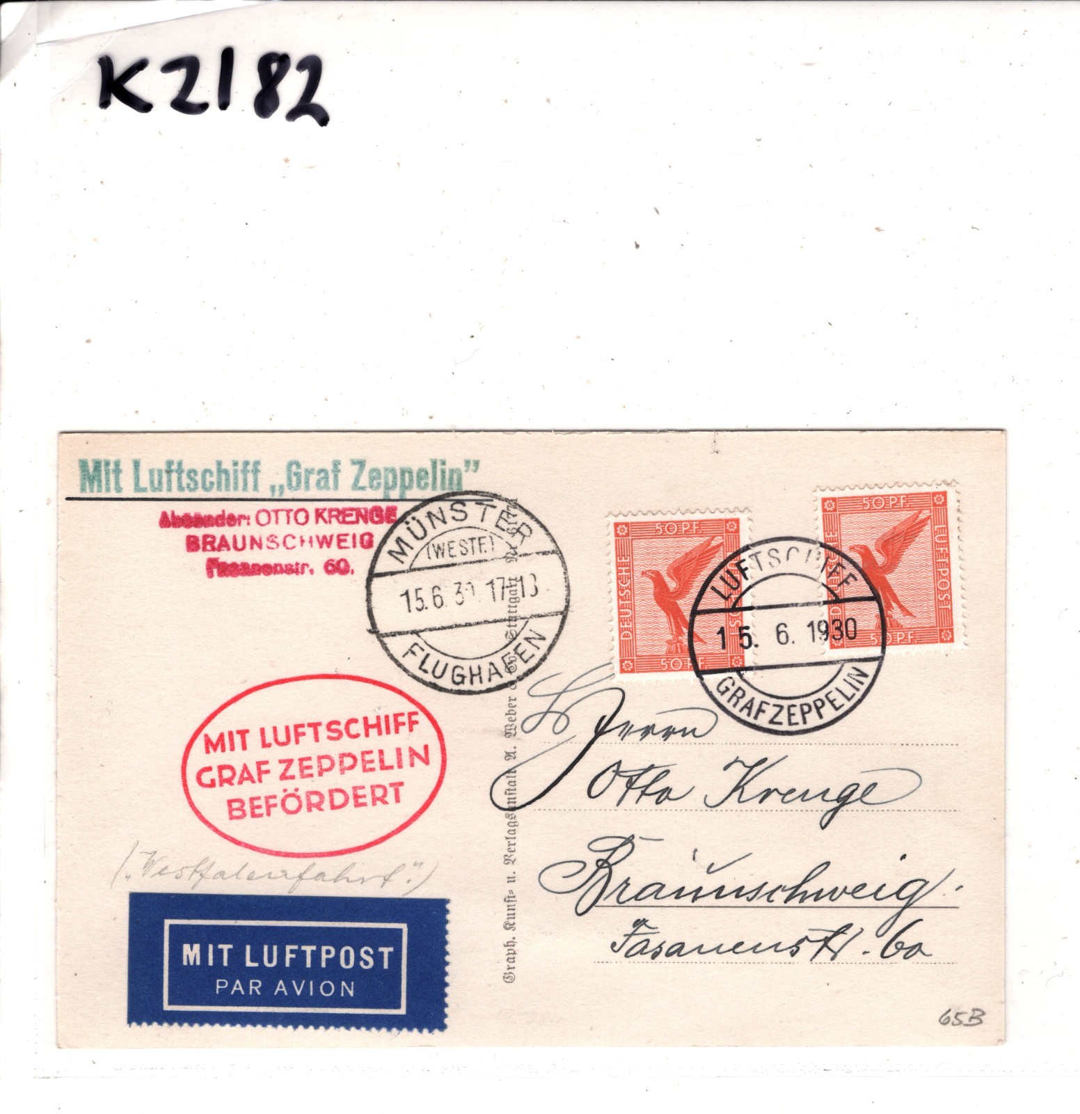 GRAF ZEPPELIN Air Mail AN BORD Card 1930 Braunschweig Münster Germany KZ182 - Image 7