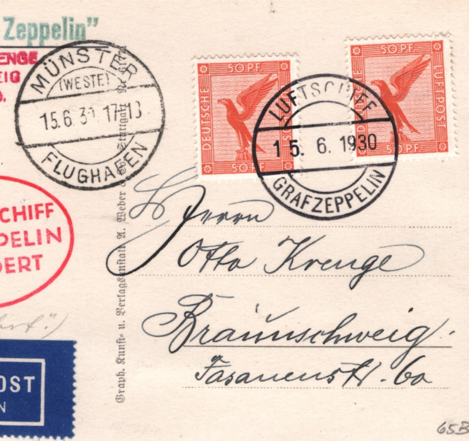 GRAF ZEPPELIN Air Mail AN BORD Card 1930 Braunschweig Münster Germany KZ182