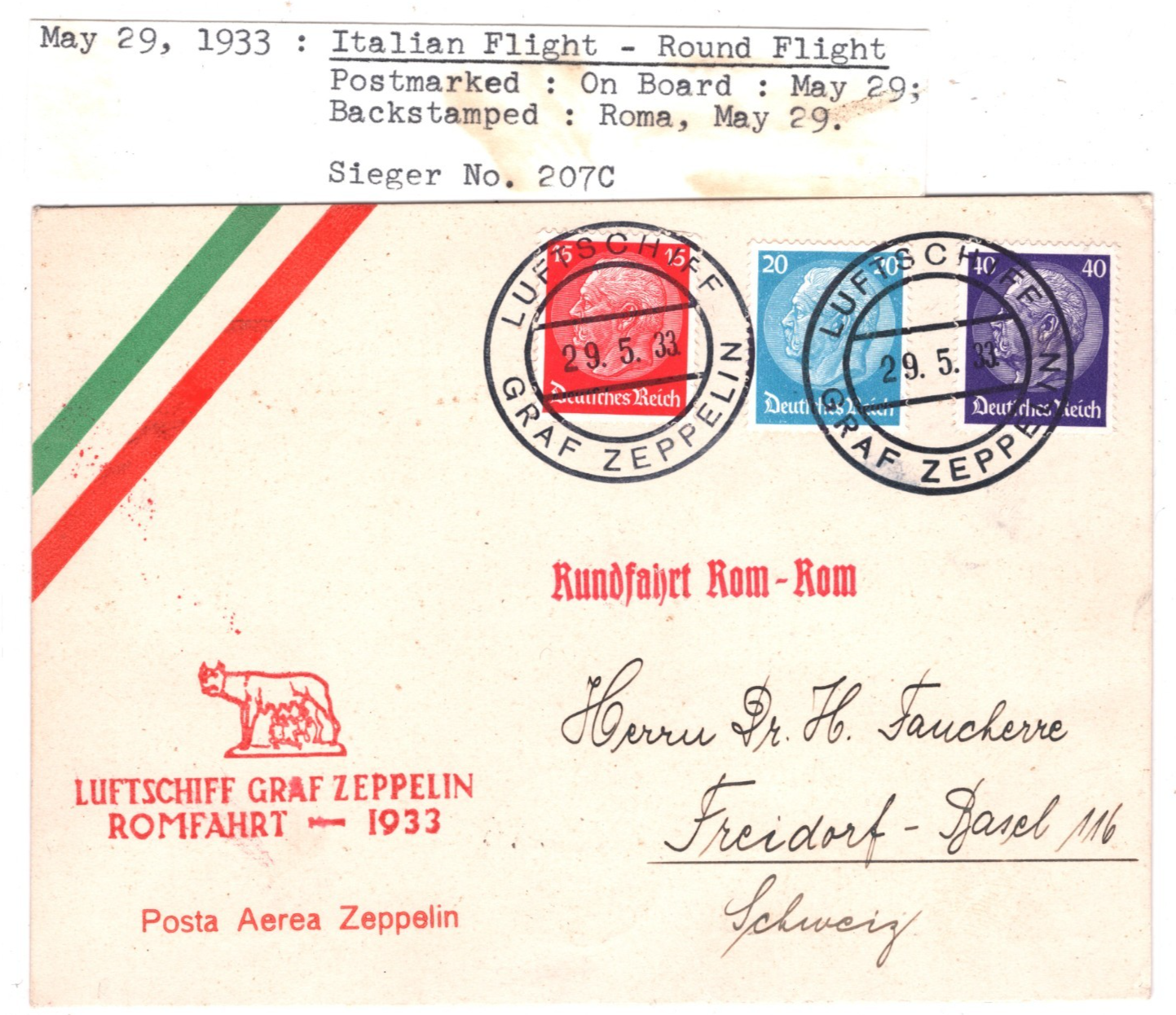 GRAF ZEPPELIN Air Mail AN BORD Card ROMFAHRT-*ROUND FLIGHT* 1933 ITALY Rome KZ88 - Image 6