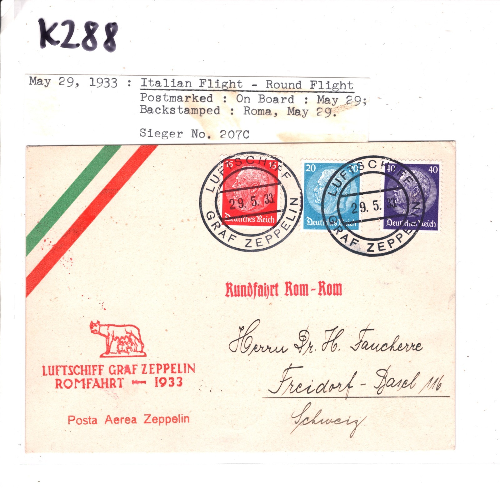 GRAF ZEPPELIN Air Mail AN BORD Card ROMFAHRT-*ROUND FLIGHT* 1933 ITALY Rome KZ88 - Image 8