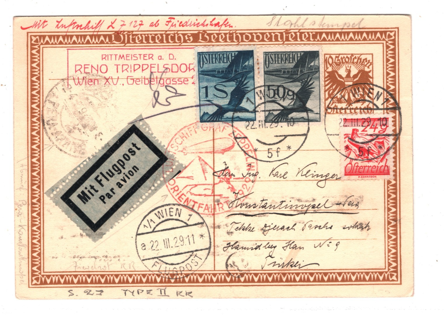 GRAF ZEPPELIN Air Mail *AUSTRIA* Card 1929 ORIENTFAHRT Cachet Pera TURKEY KZ99 - Image 3