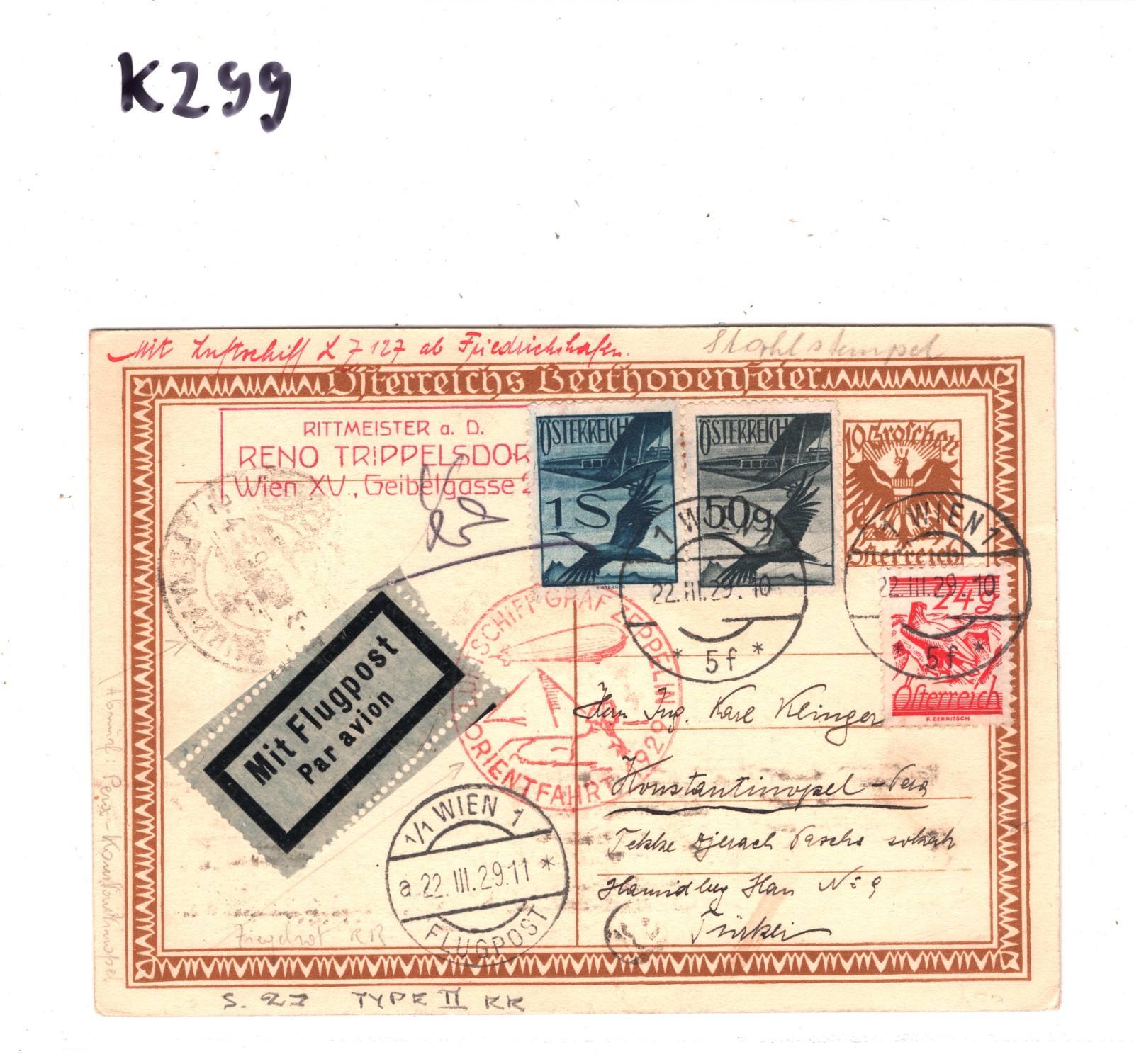 GRAF ZEPPELIN Air Mail *AUSTRIA* Card 1929 ORIENTFAHRT Cachet Pera TURKEY KZ99 - Image 5