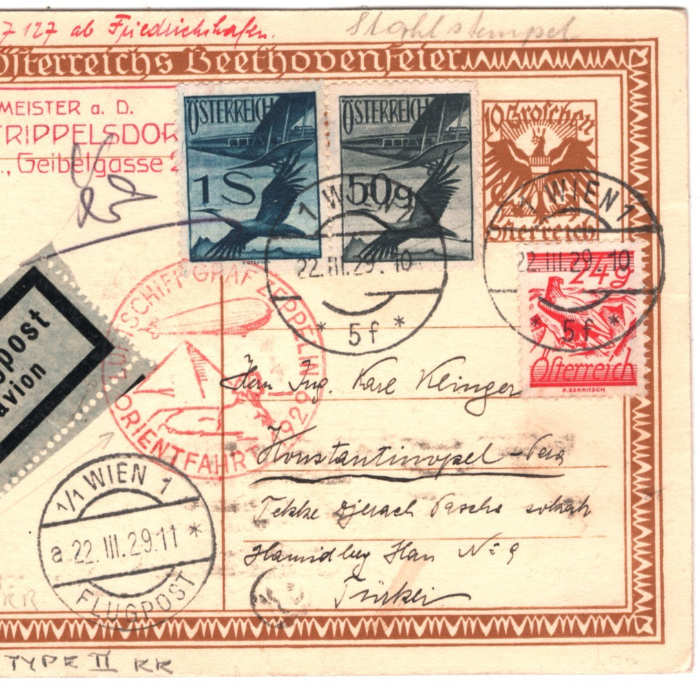 GRAF ZEPPELIN Air Mail *AUSTRIA* Card 1929 ORIENTFAHRT Cachet Pera TURKEY KZ99