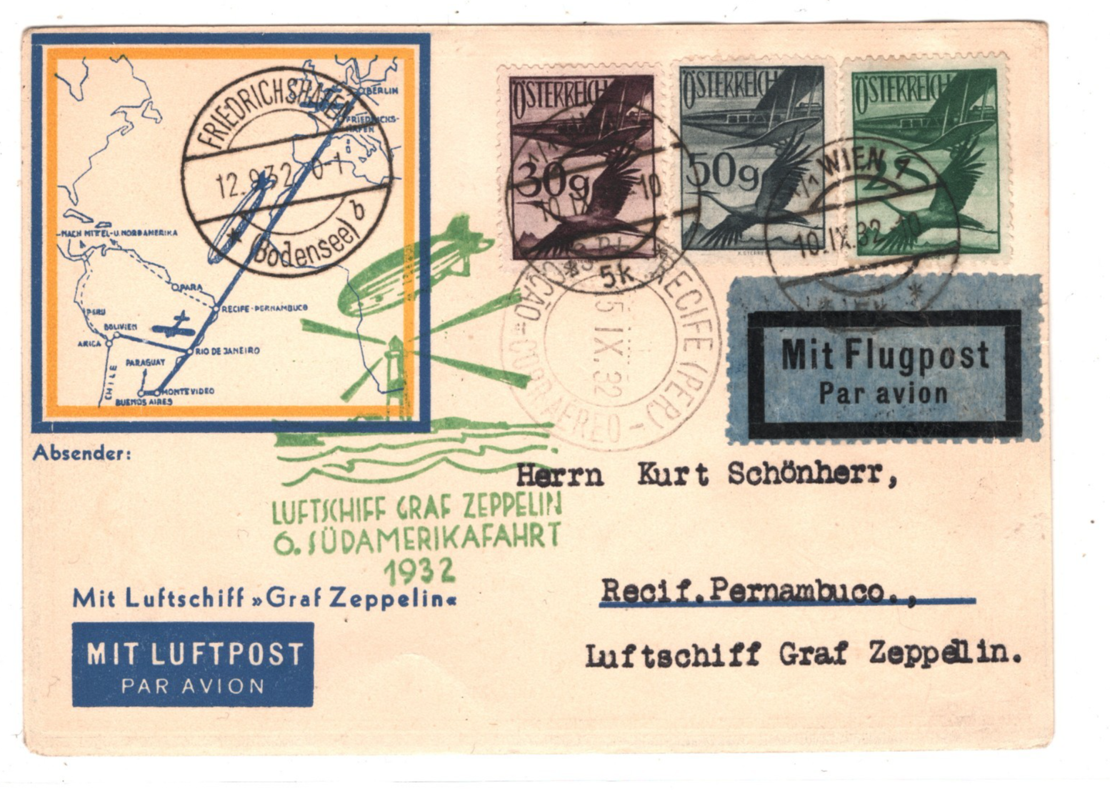 GRAF ZEPPELIN Air Mail *AUSTRIA* Map Card 6.SÜDAMERIKAFAHRT 1932 Brazil KZ97 - Image 3