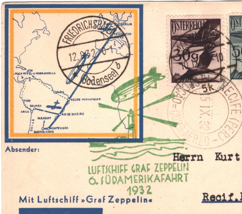 GRAF ZEPPELIN Air Mail *AUSTRIA* Map Card 6.SÜDAMERIKAFAHRT 1932 Brazil KZ97 - Image 6