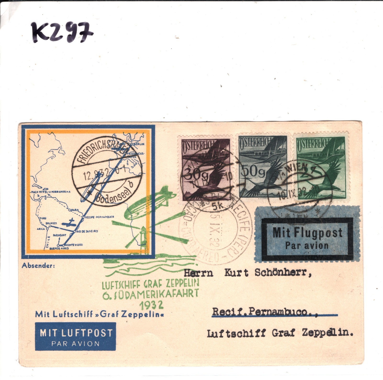 GRAF ZEPPELIN Air Mail *AUSTRIA* Map Card 6.SÜDAMERIKAFAHRT 1932 Brazil KZ97 - Image 7